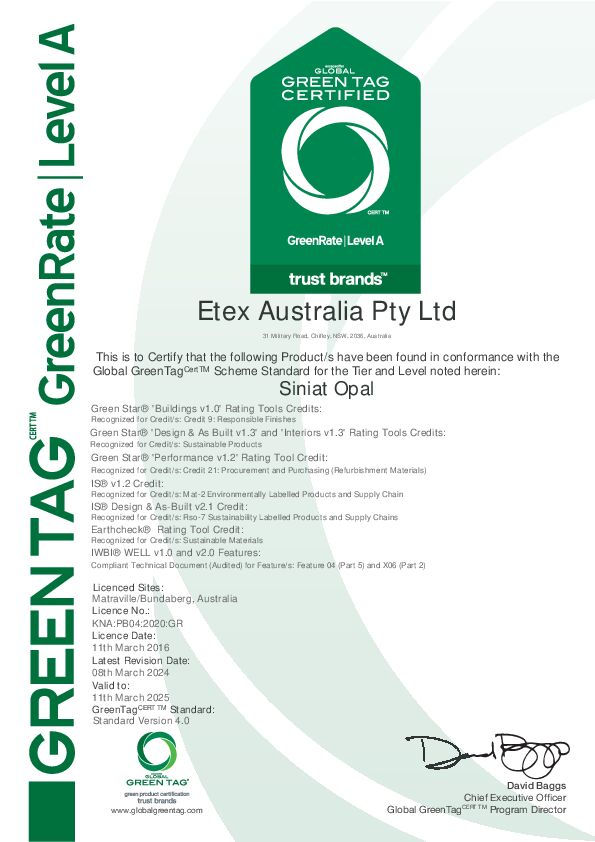 GreenTag Certificate – Opal Plasterboard | Level A