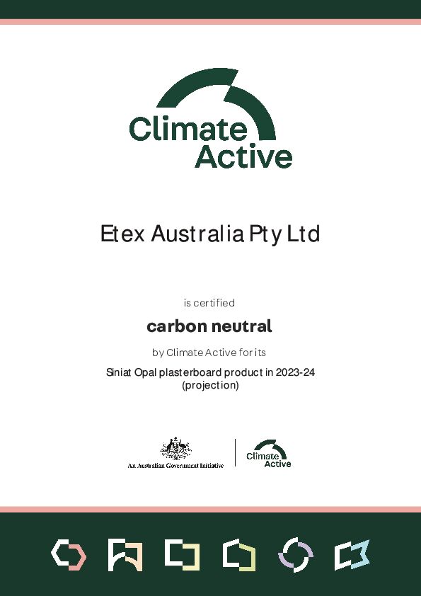 Climate Active - Siniat Opal plasterboard Carbon Neutral Certificate