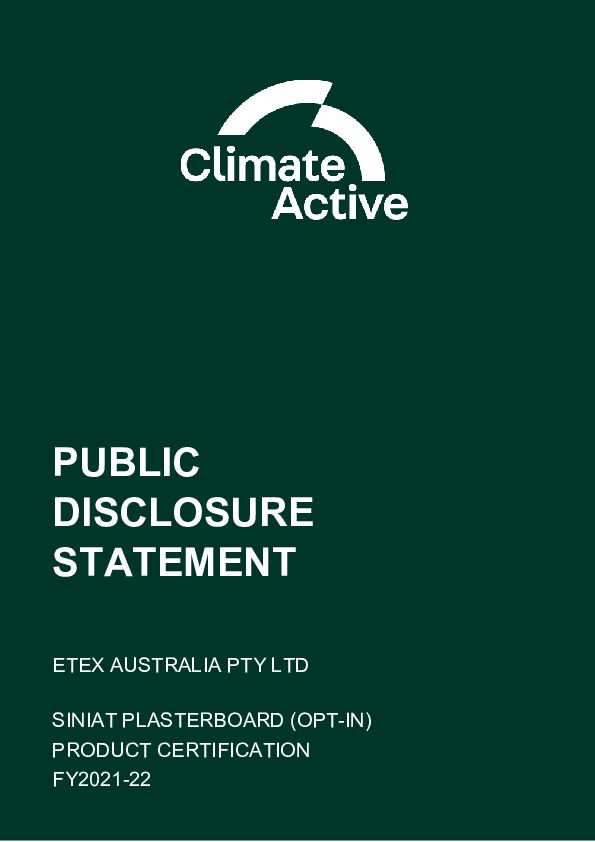 Siniat Australia Plasterboard - Climate Active Product Disclosure Statement