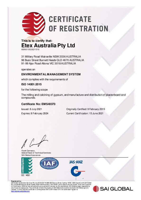 Certificate EMS40373_20210708 Plasterboard