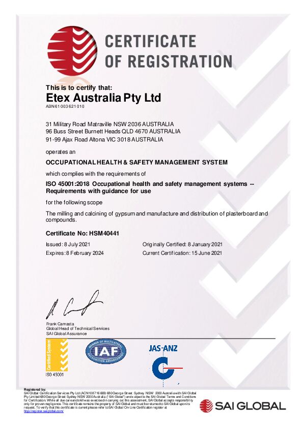 Certificate HSM40441 20210708 Plasterboard