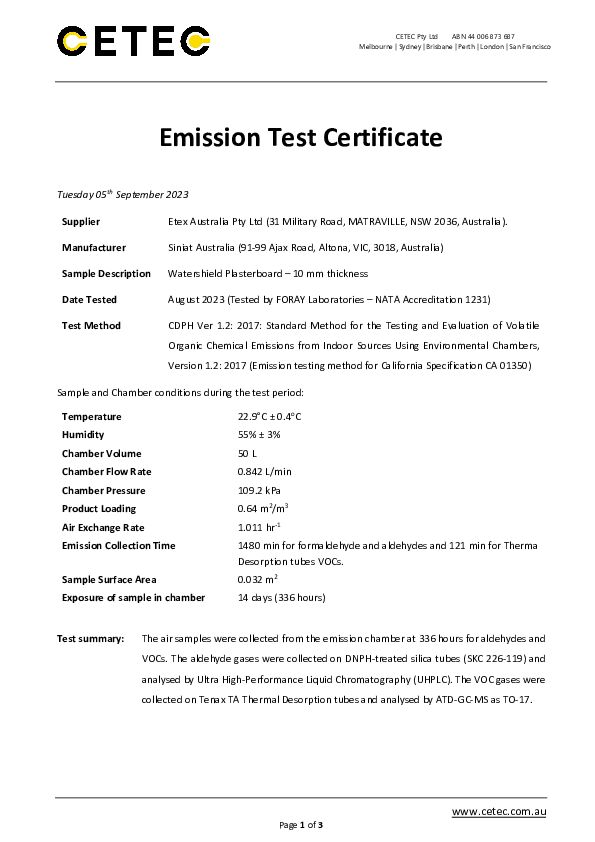 VOC Emission Test - Siniat Watershield