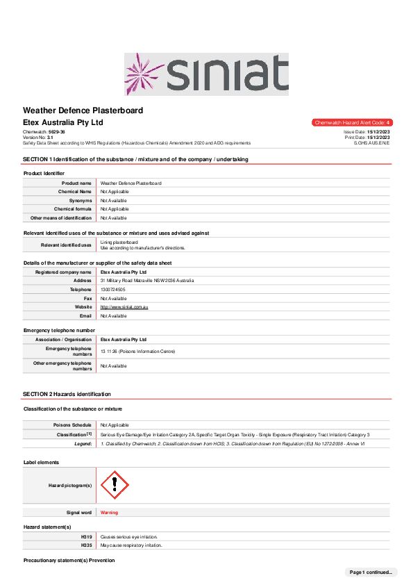 Siniat Weather Defence Material Safety Data Sheet