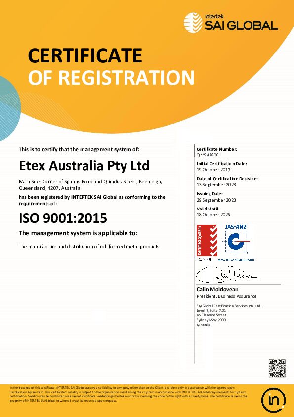 Certificate QMS42806 Etex Australia Pty Ltd Metal 20230929