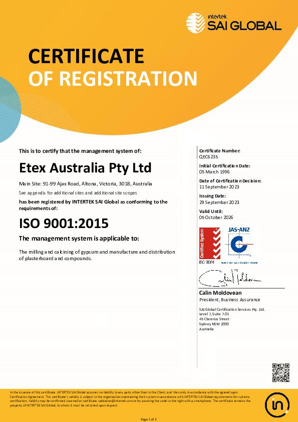 Certificate QEC6235 Etex Australia 20230929 Plasterboard