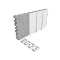 Kompjuterski generisano direktno vezivanje građevinskih Nida gips-kartonskih ploča na zid zgrade prikazano na beloj pozadini.