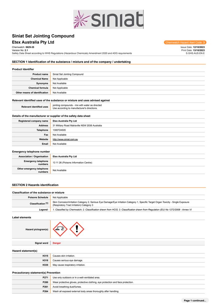 Siniat Set Safety Data Sheet